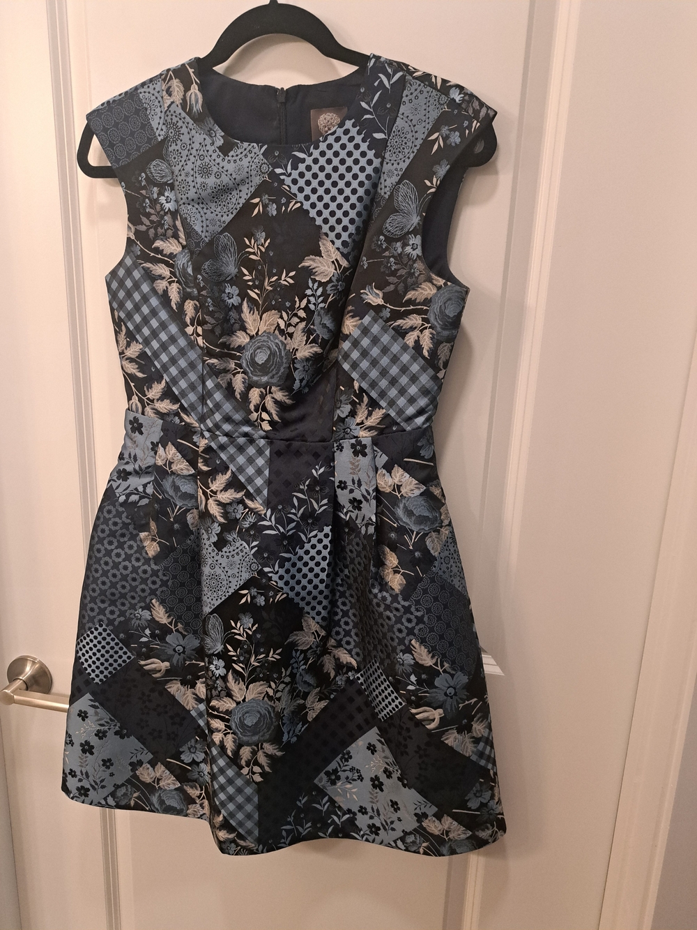 Vince Camuto Navy and Light Blue Floral Patchwork Dress